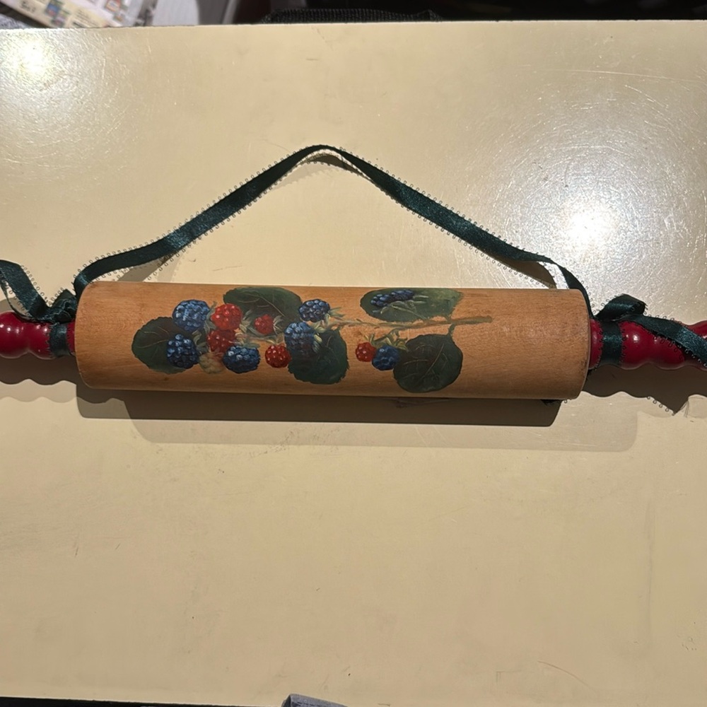 Handpainted Decorative Rolling Pin Red & Blue Raspberries Red Handles Farmhouse